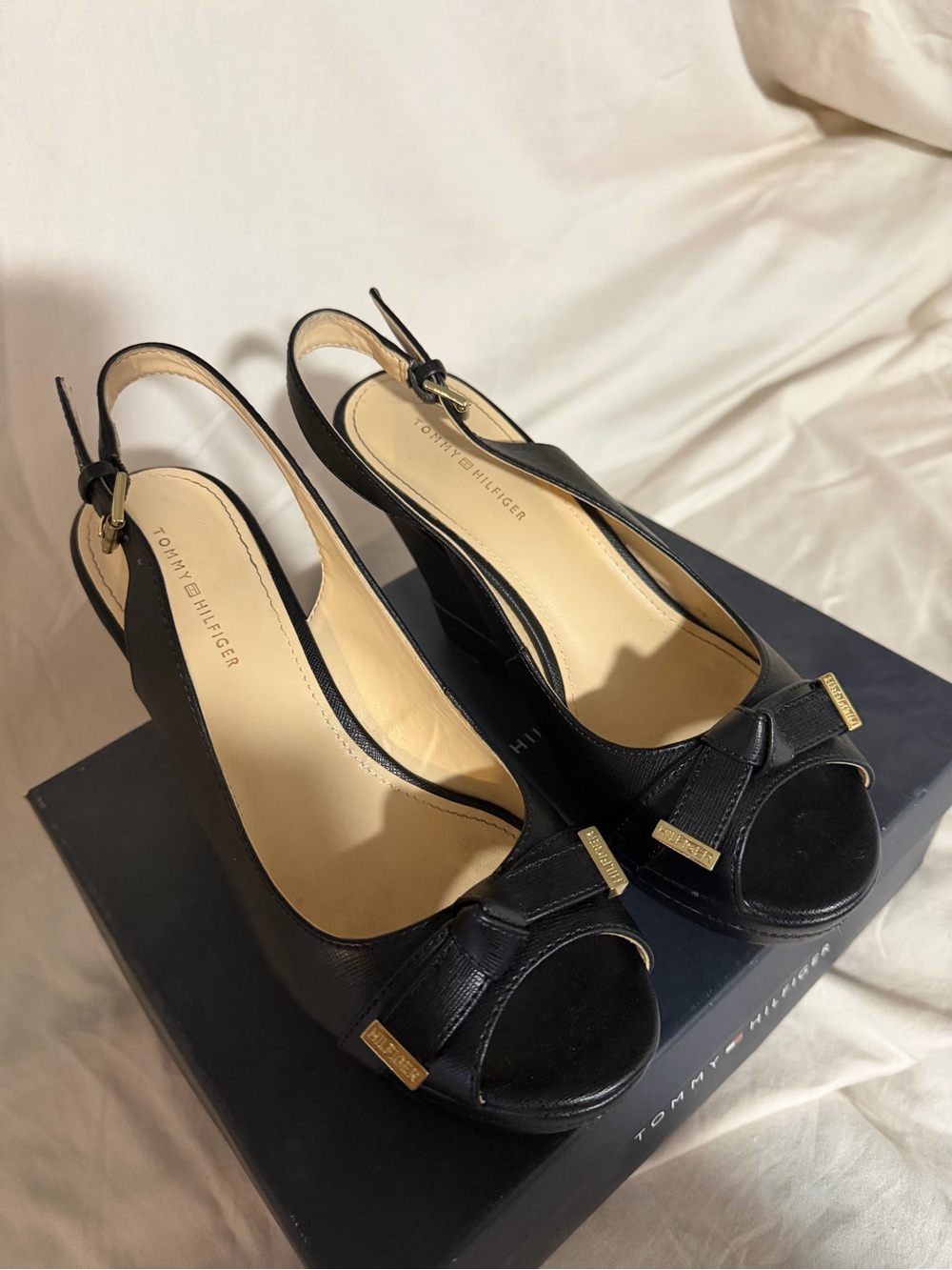 Tommy Hilfiger Black Peep-Toe Slingback Heels with Bow Detail
